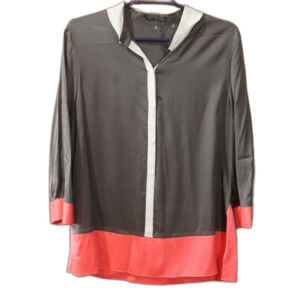 Elie Tahari Silk Green & Coral Popover Snap Button Color Block Shirt Top Blouse